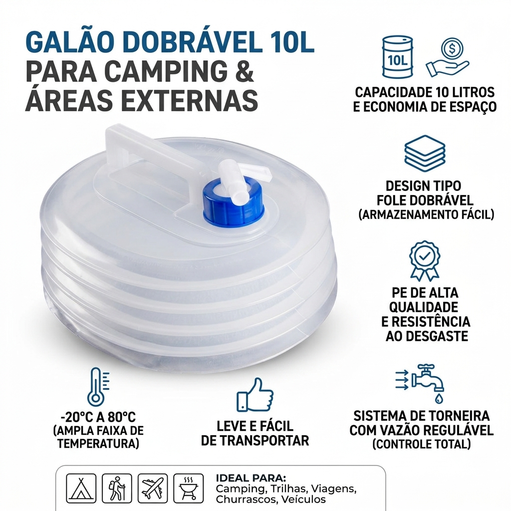 Galão de Água Dobrável 10L Retrátil com Torneira