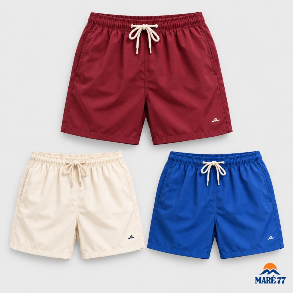 Kit 3 Short Masculino Tactel com Elastano Bermuda Casual Caminhada Praia Cordão Cru Bolsos Bordado Cintura Elástica Liso