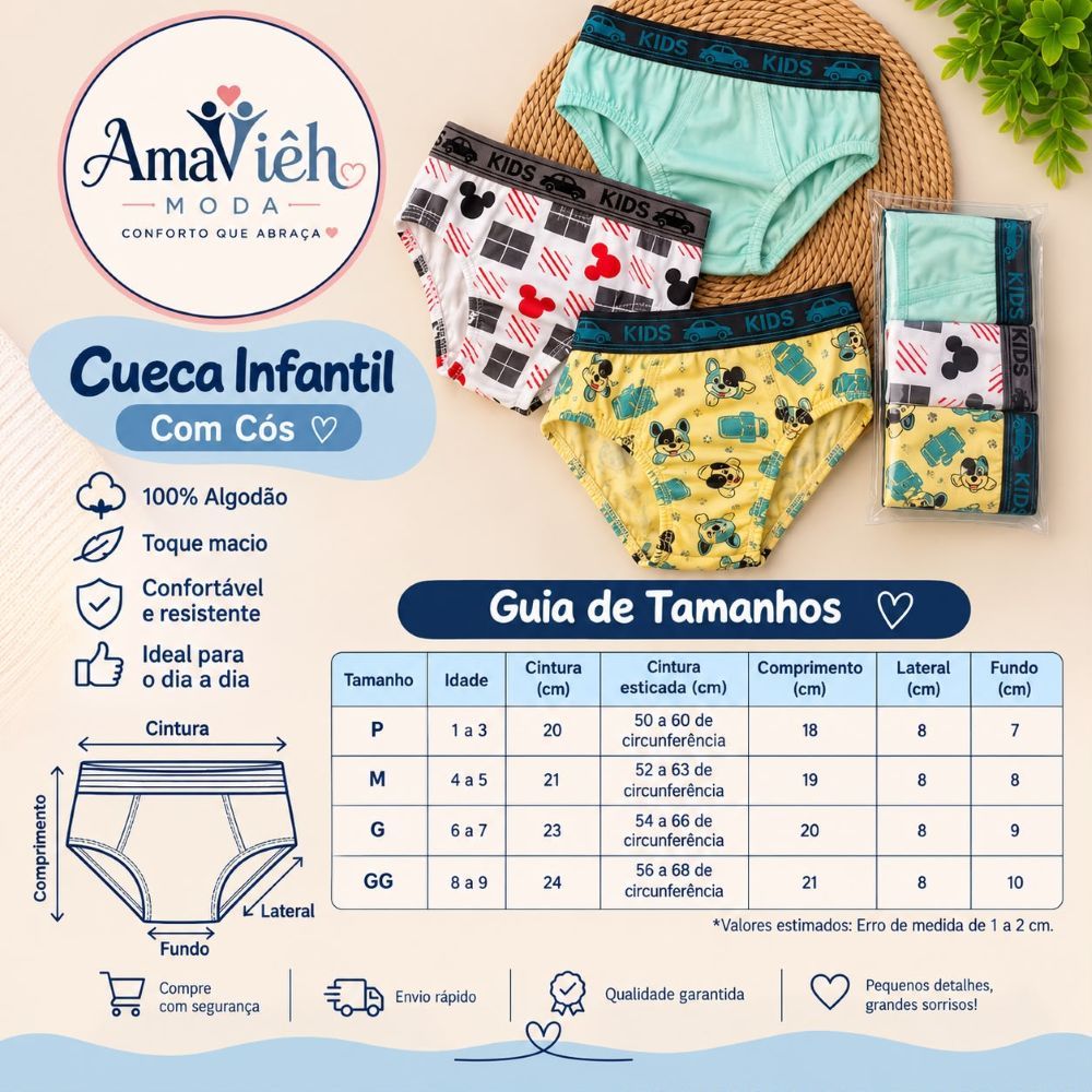 Kit 5 Cuecas Menino Infantil Juvenil 100% Algodão Forrada e com Cos