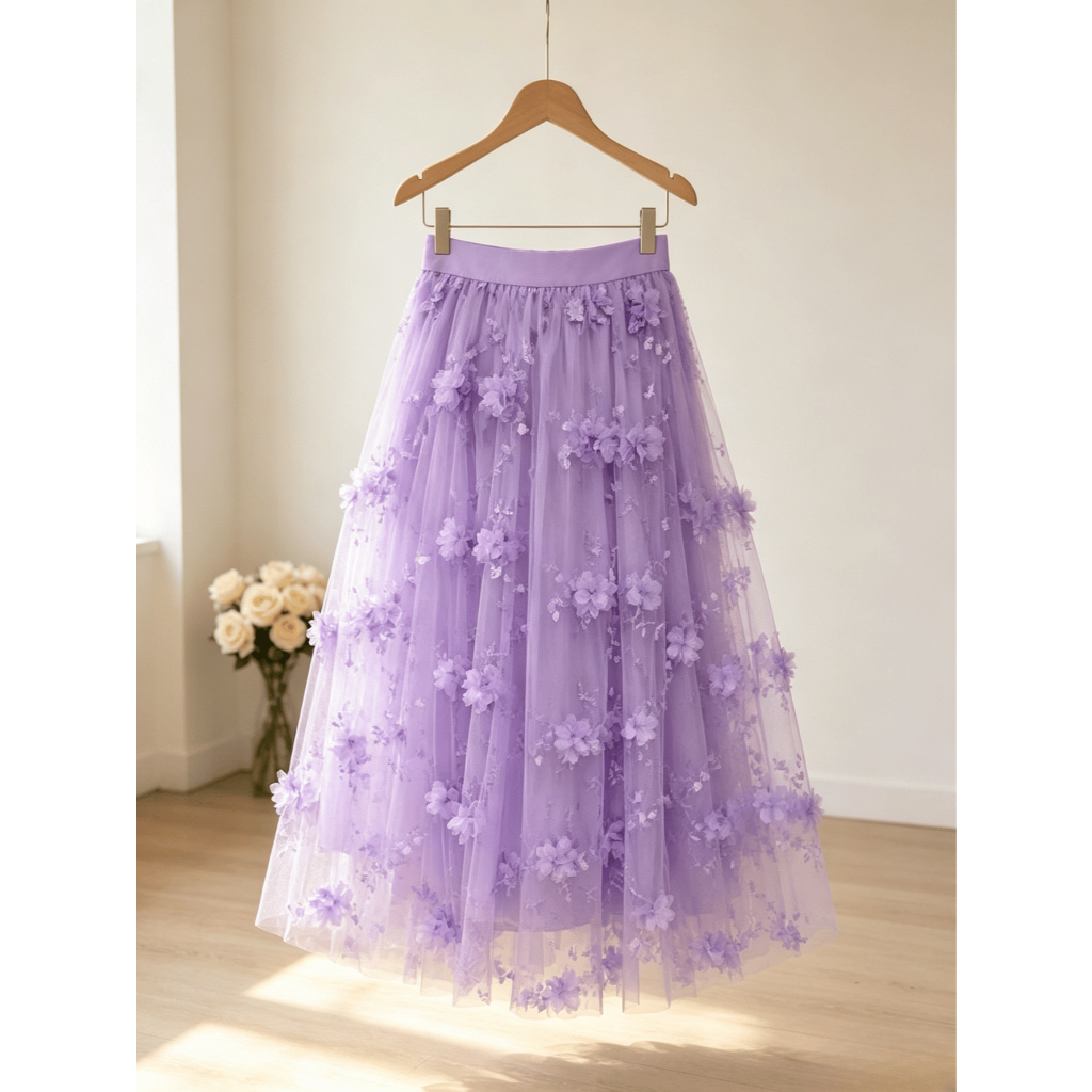 Saia de tule elegante floral tridimensional de verão