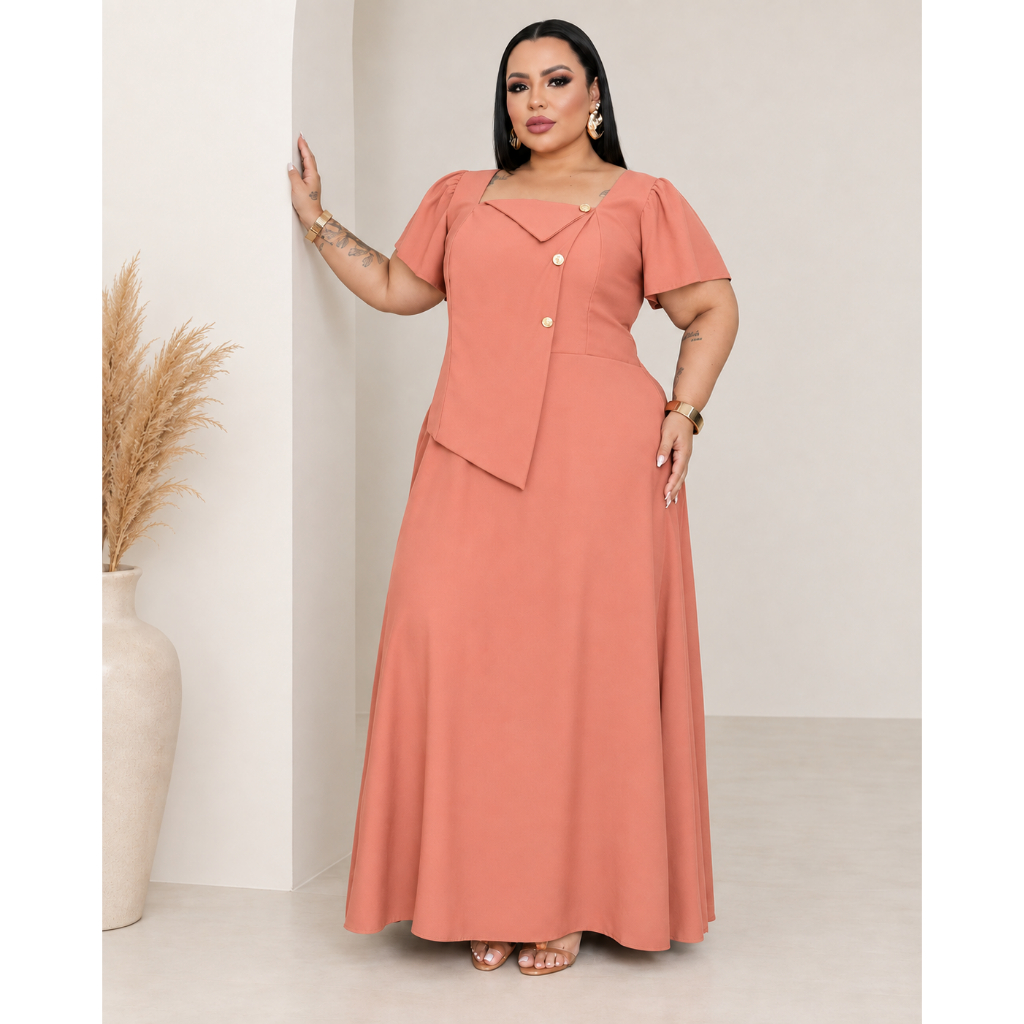 Vestido Feminino Plus Size Samara Sensorial Marrant Decote Quadrado com Botões Elegante G1 e G2