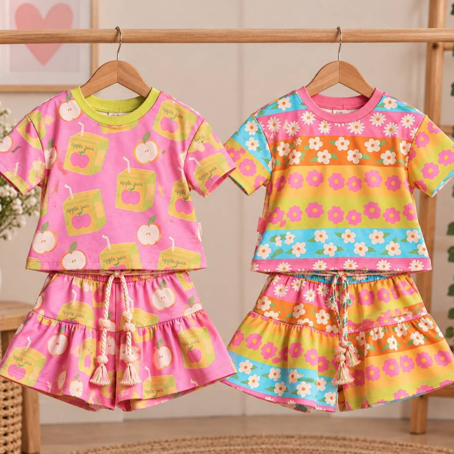 Conjunto Infantil Menina Blusa e Shorts/Saia – Verão Colorido Estampado | Roupa Infantil Feminina