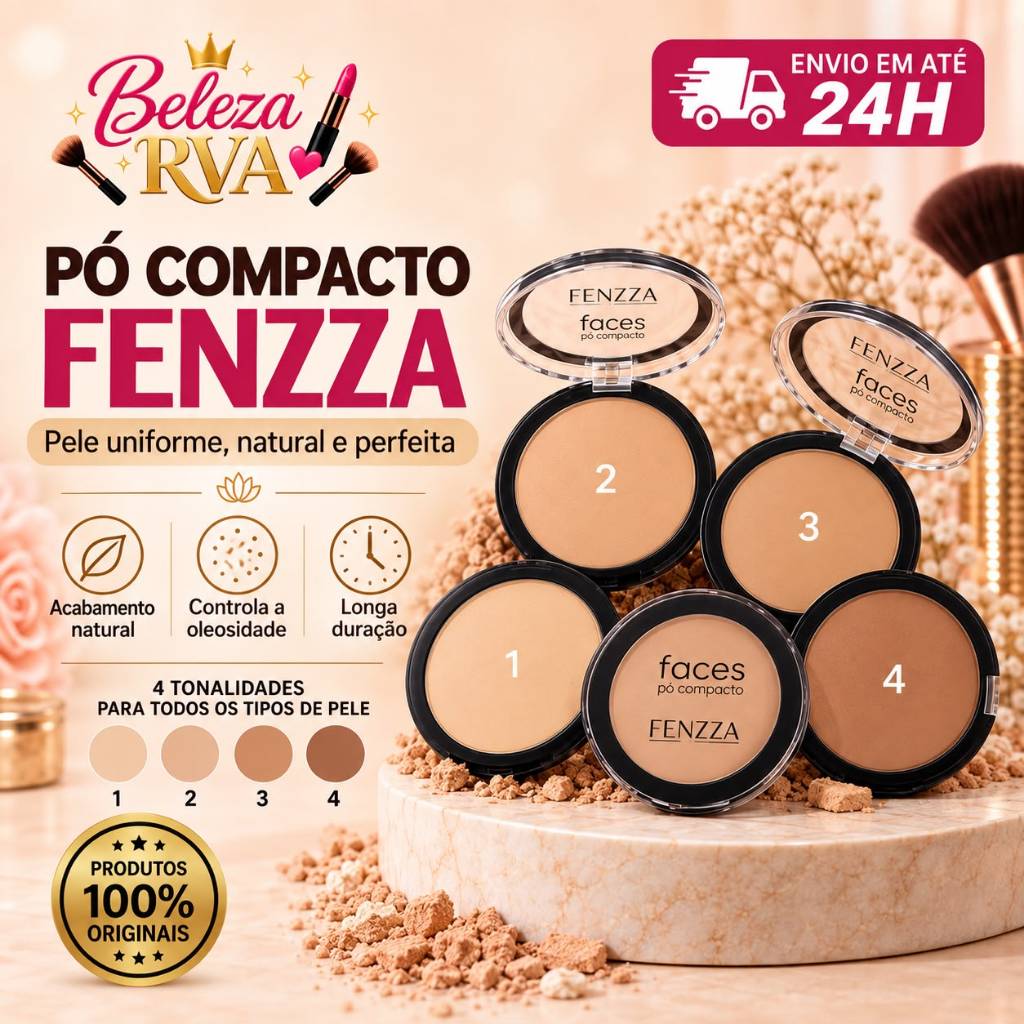 Pó Compacto Fenzza Choco Fun Maquiagem Facial Alta Cobertura Efeito Matte