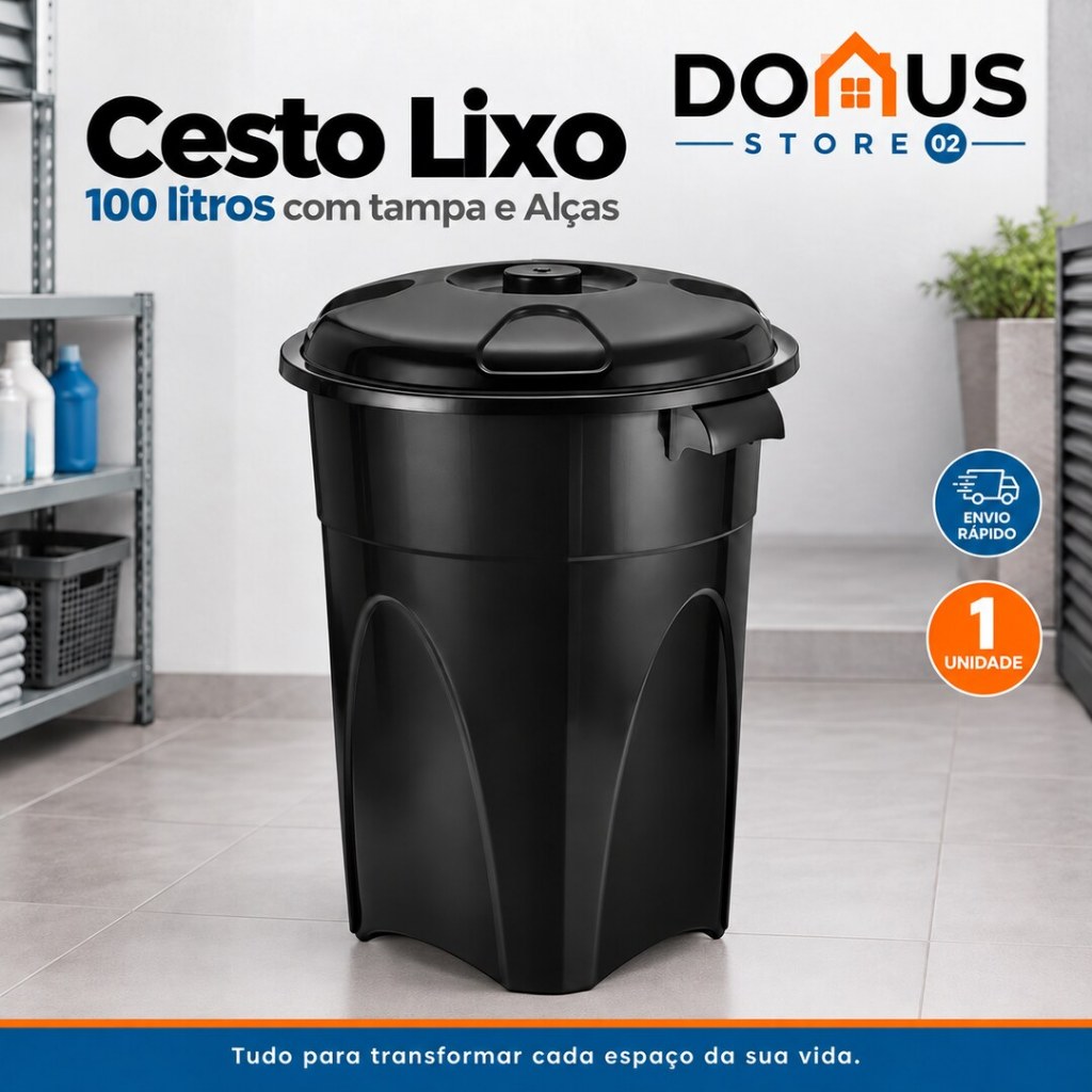 Cesto Lixo Lixeira Preta Grande 100 Litros com Tampa