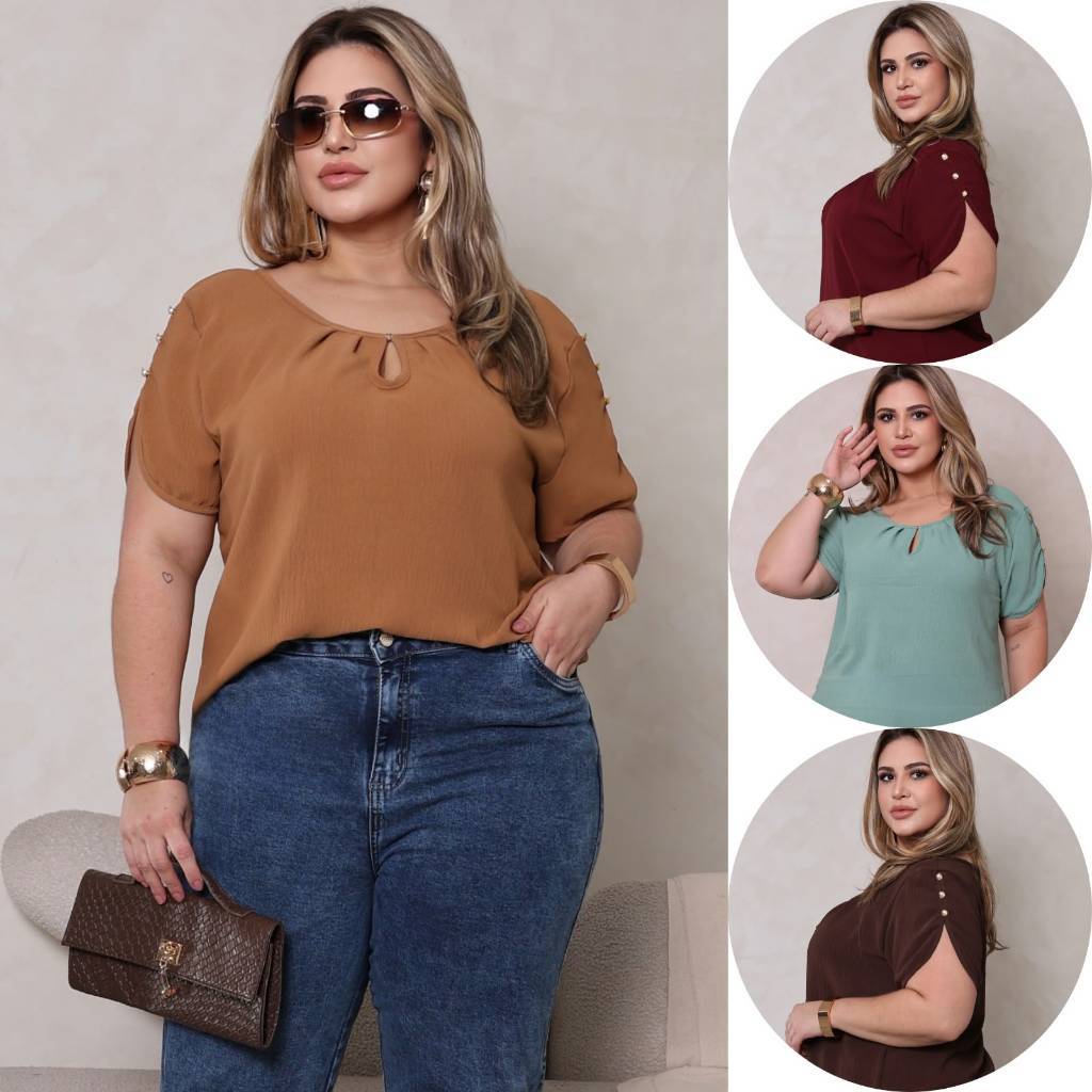 Blusa Feminina plus size com Botão Pérola no Decote Manga com Detalhe Tecido Duna Leve e Confortável Tendencia