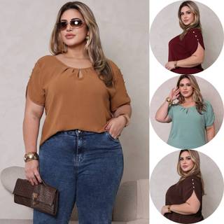 Blusa Feminina plus size com Botão Pérola no Decote Manga com Detalhe Tecido Duna Leve e Confortável Tendencia