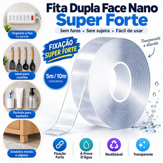 Fita Dupla Face Extra Forte 5M 10M Nano Gel Silicone Adesivo Reutilizável Transparente Impermeável