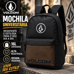 Mochila Volcom Masculina Universitária Escolar Trabalho Viagem Resistente Preta 16L