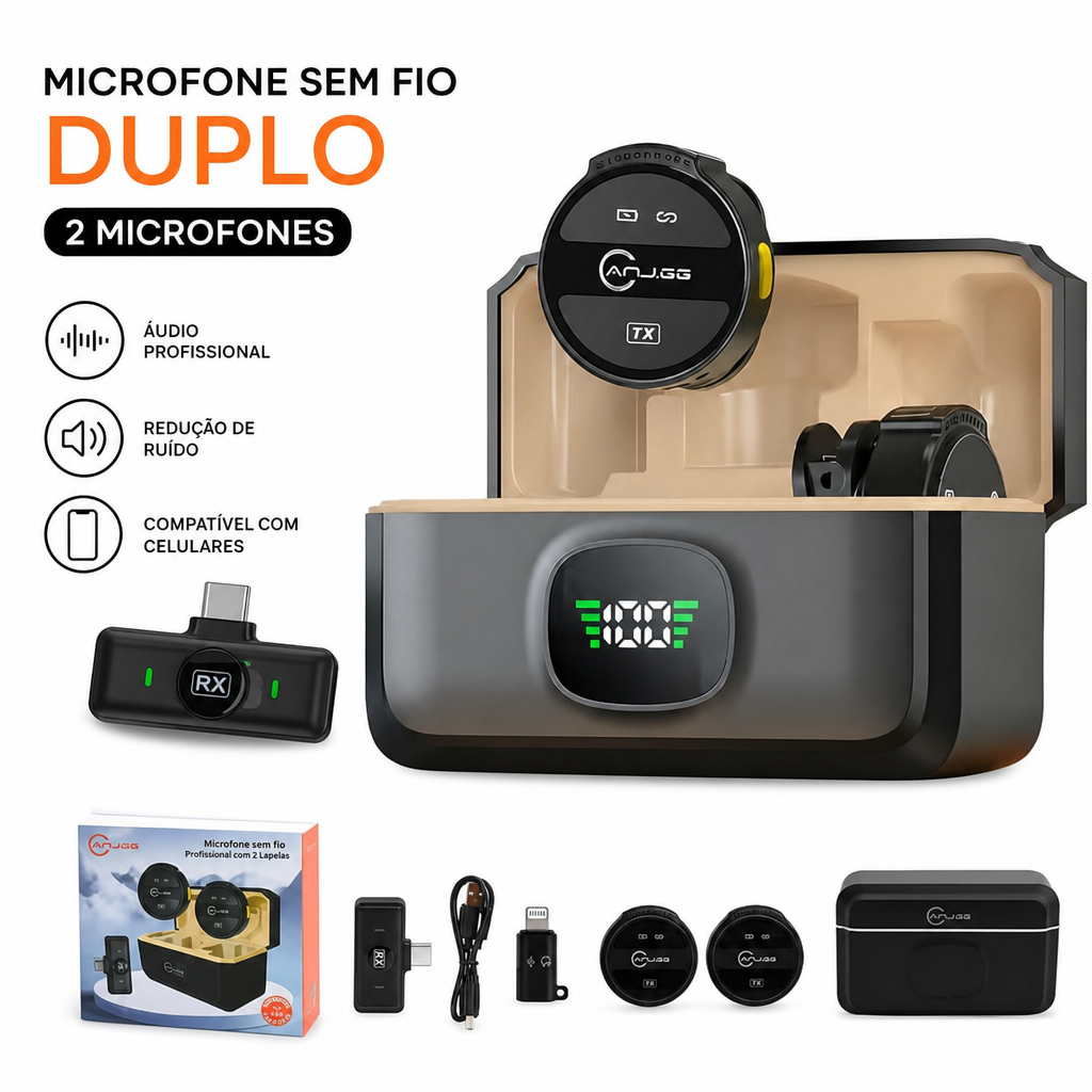 Microfone Lapela Sem Fio Duplo com 2 Mics, Redução de Ruído Profissional para Celular e iPhone Gravação de Vídeo