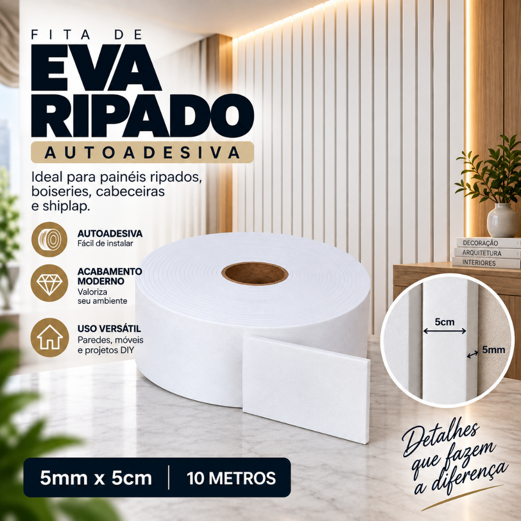 Fita EVA Ripado Autocolante 5mm x 5cm x 10m Cabeceira de cama Boiserie Shiplap