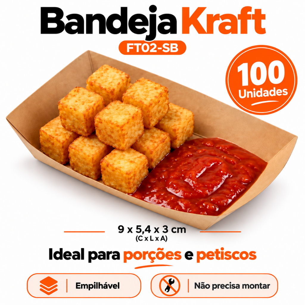 100 Bandejas Barquinha Barca Canoa Descartável Kraft 9x5,4x3 cm (P) – Porções, Petiscos e Festas