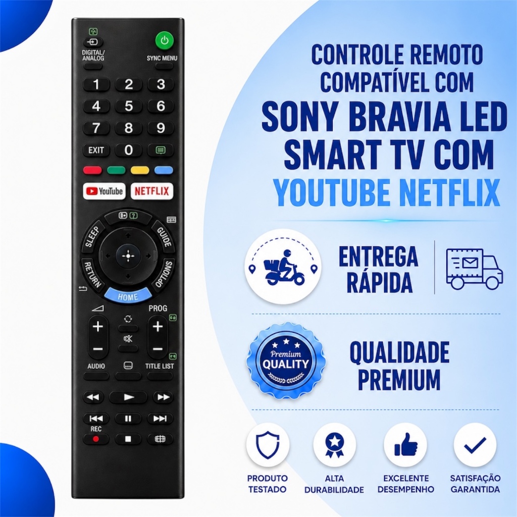 Controle Remoto Compatível Com Tv Smart Sony Bravia Com NetFlix Youtube