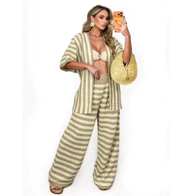 Conjunto Feminino em Tricô Calça Pantalona e Kimono Listrado Elegante Super Tendência