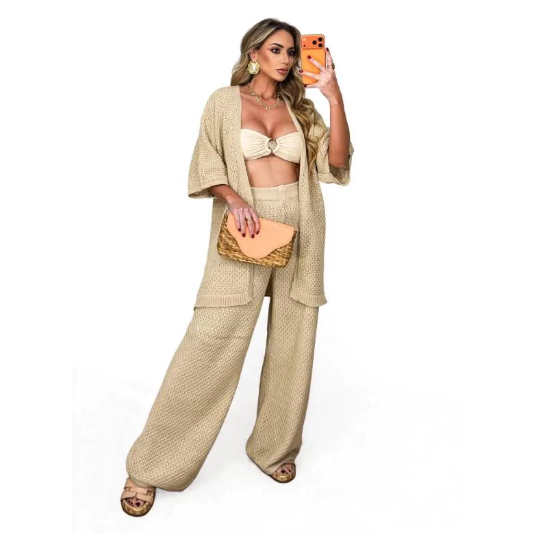 Conjunto Feminino Tricô Calça Pantalona e Kimono Tendência Verão Elegante Saída Praia