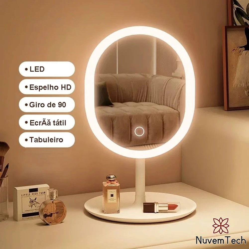 Espelho De Maquiagem Mesa Inteligente Com Luz LED USB Portátil Dobrável Ajustável Touch Oval