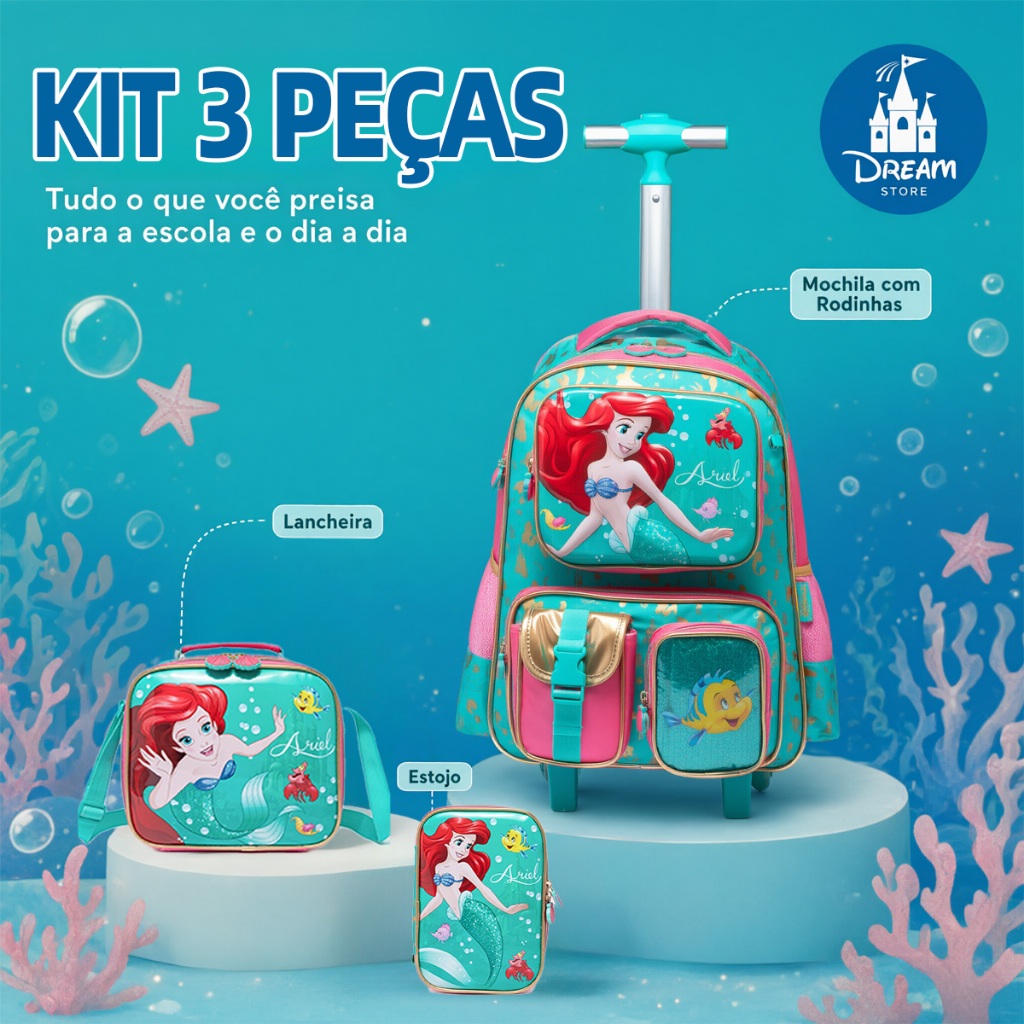 Kit Mochila Rodinha Sereia Ariel Disney Escolar Lancheira Estojo