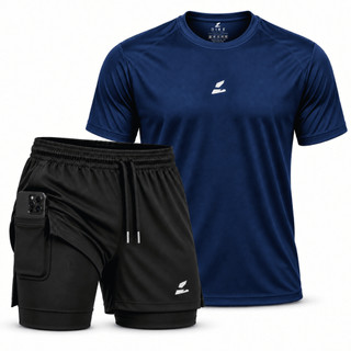 Kit camiseta Dieé motion + bermuda short  2 em 1 masculino , com bolso interno, para academia , corrida, treino crossfit