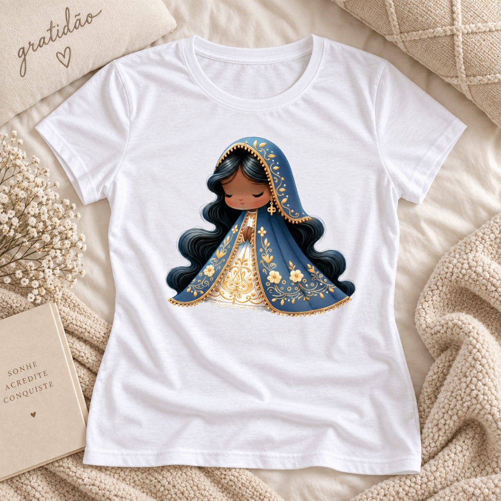 Tshirt Camiseta Feminina Católica Religiosa Nossa Senhora Aparecida Padroeira do Brasil Estampada