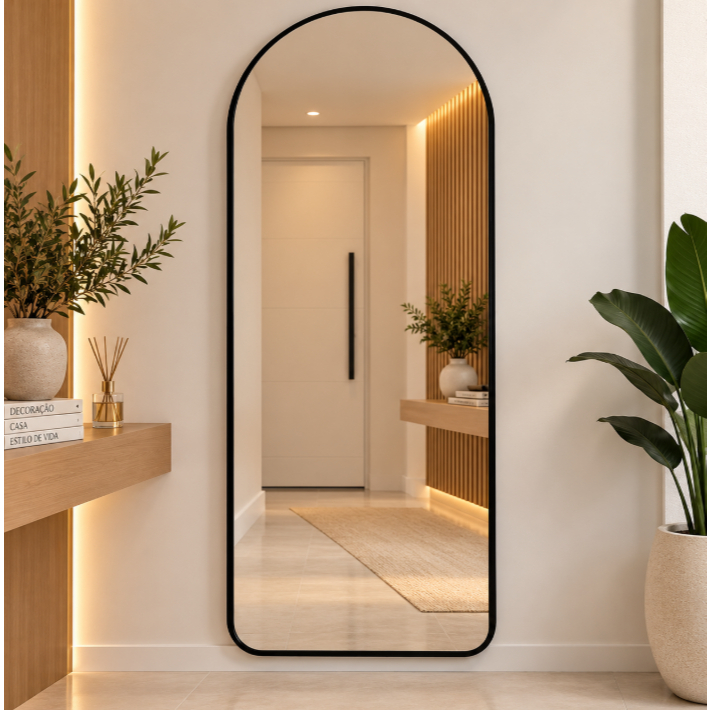 Espelho Oval Madri 120x50cm Base Reta Corpo Inteiro Moldura Couro Ecológico Decorativo