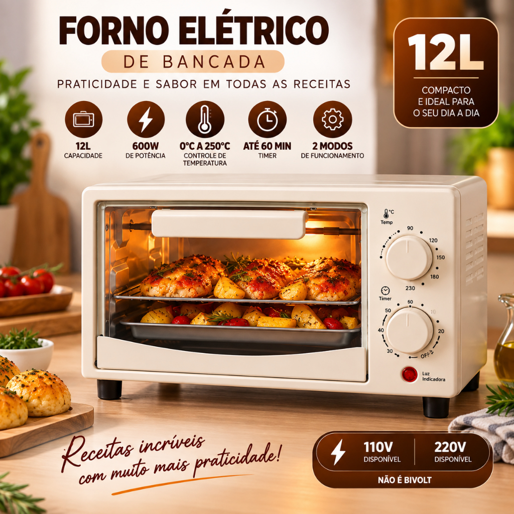 Forno Elétrico de Bancada 12L 600W com Timer 60 Min Controle de Temperatura 250°C Grelha e Assadeira
