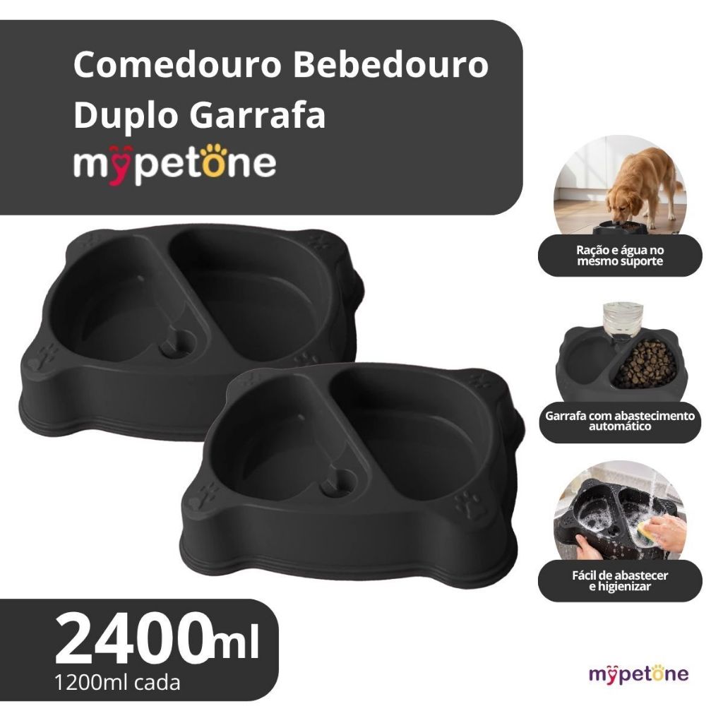2 Comedouro Bebedouro Duplo Automático 1200ml Mypetone Preto Para Cachorro e Gato