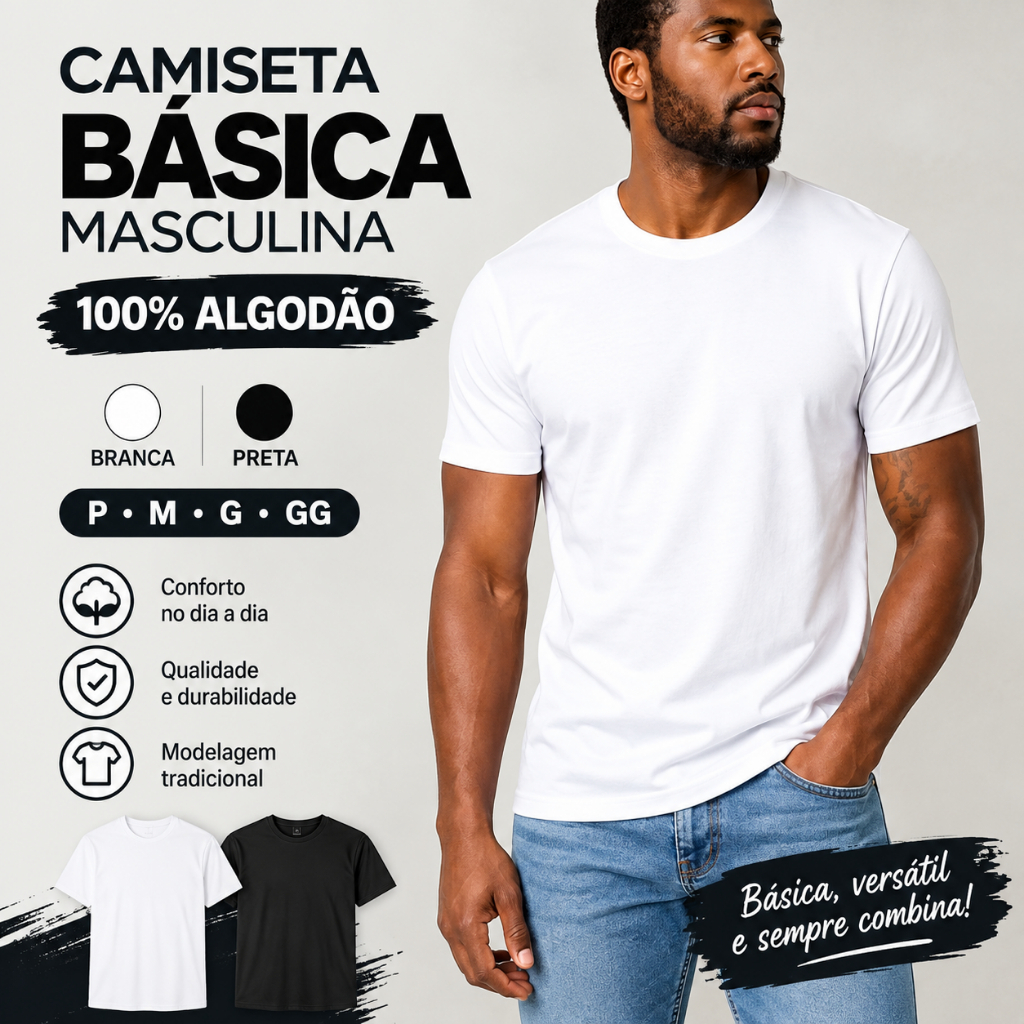 Camiseta Masculina Básica 100% Algodão Lisa Branca e Preta P M G GG