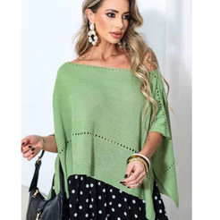 Blusa Feminina Tricot Capa Estilo Poncho Morcego Ampla Soltinha Manga Curta