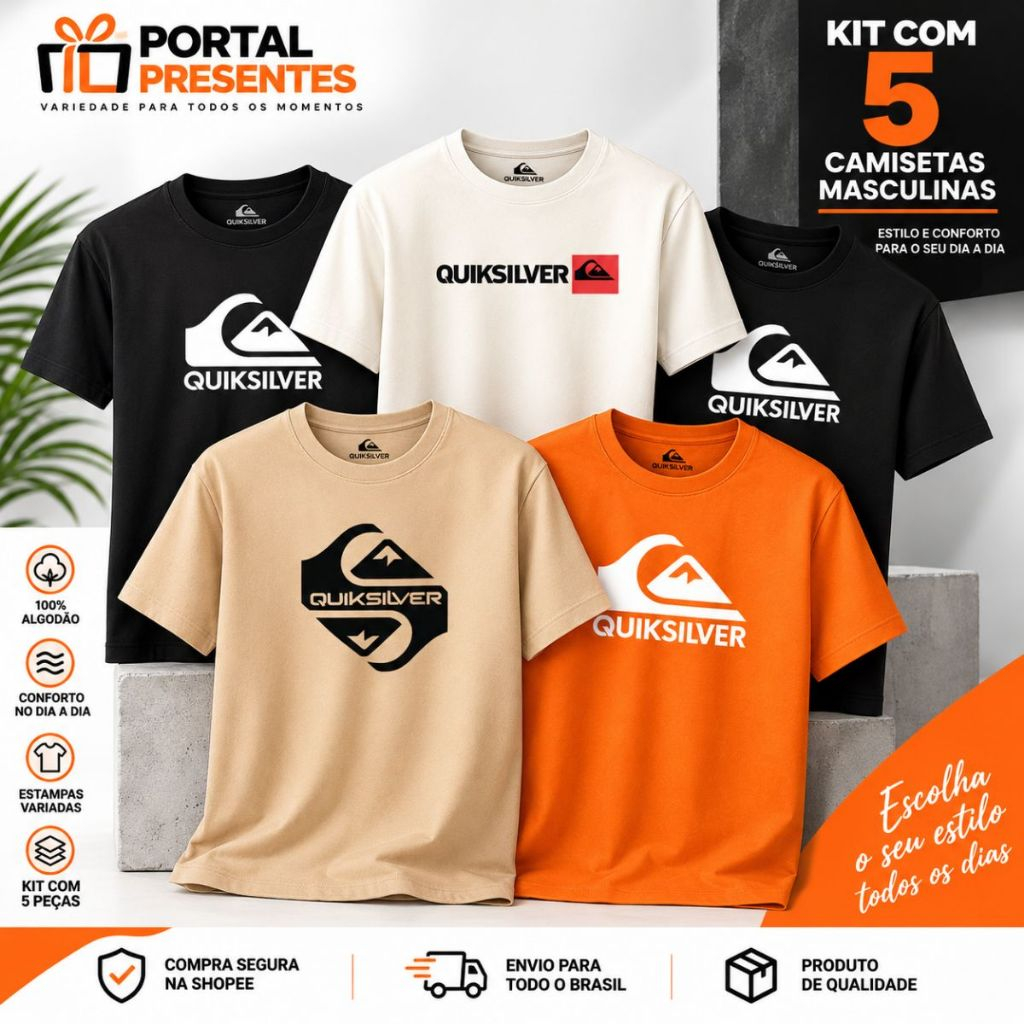 Kit 5 Camisetas Masculina Estampada Algodão Casual Streetwear Surf Skate Confortável Moda Masculina