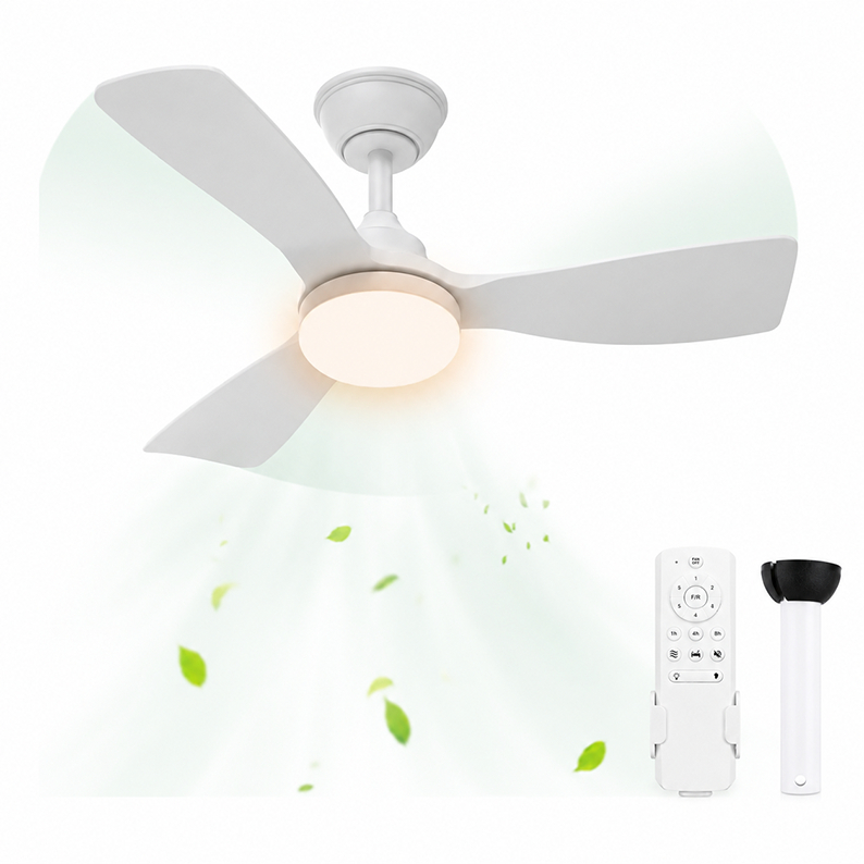 Ventilador de teto LED com 3 cores de luz, motor DC silencioso e controle remoto