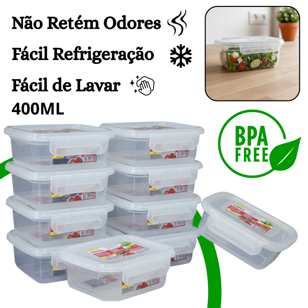 Kit 10 Pote Marmita Hermético 400ml Retangular Tampa com Trava Livre de BPA
