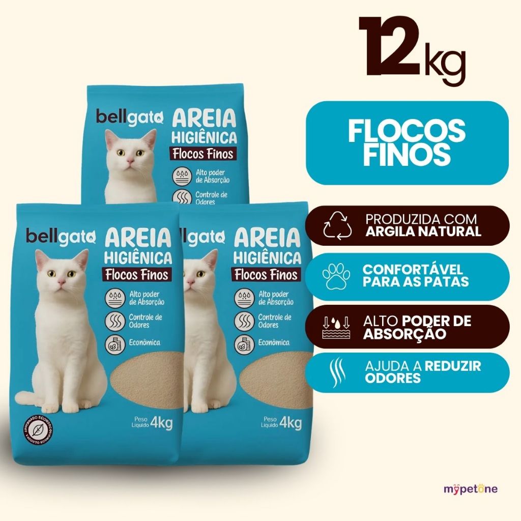 3 Areia Higiênica Bellgato Flocos Finos - 4kg