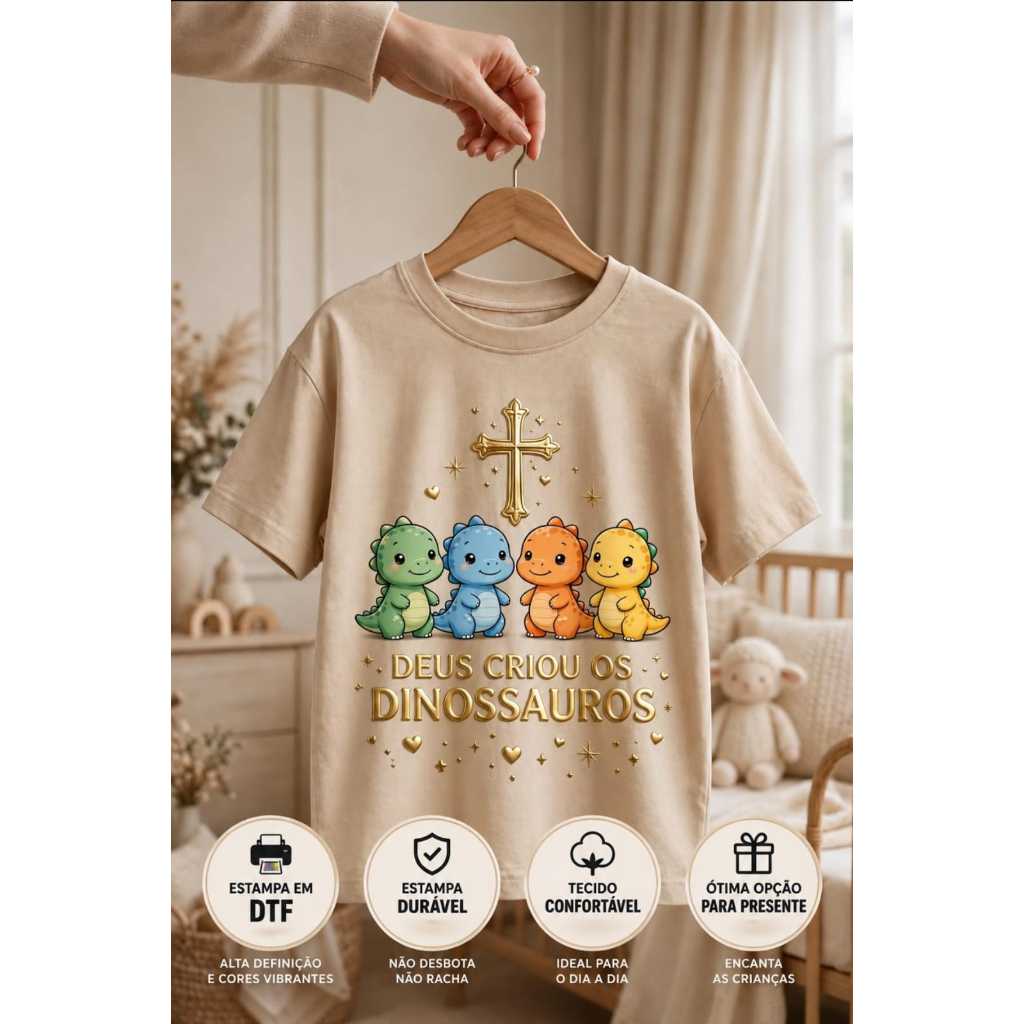 Camiseta Infantil Deus Criou os Dinossauros Estampada Fé Cristã DTF Alta Definição Infantil Menino Menina Unissex