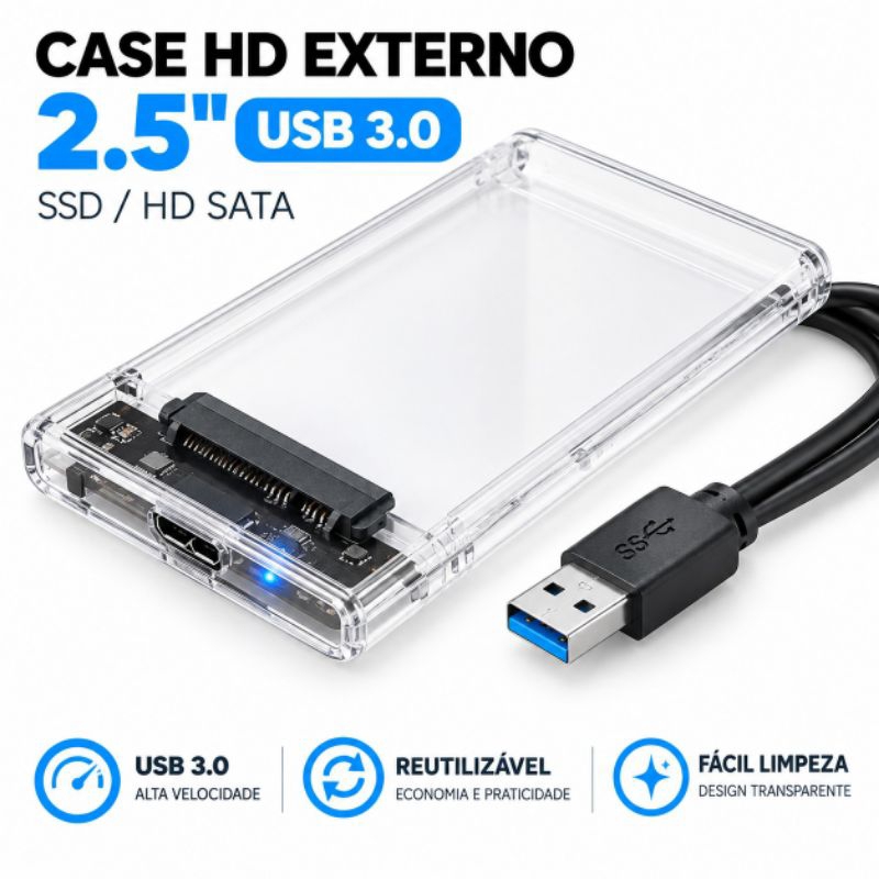 Case HD Transparente Usb 3.0 Transmissão 6gbps Sata 2.5" Hhd Ssd Ecase-300