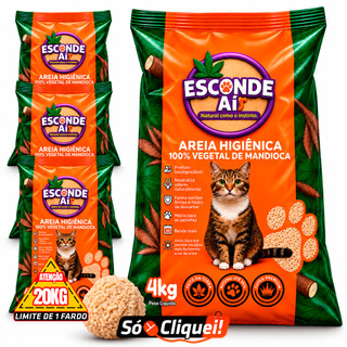 Kit 4 Pacotes Areia Sanitária de Mandioca Biodegradável Esconde Aí 16KG Granulado Premium Alta Absorção Torrões Firmes