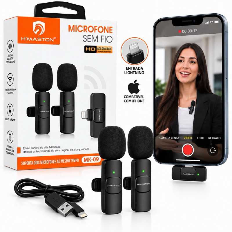 Microfone de Lapela Sem Fio Duplo Lightning iPhone MK-09 Hmaston