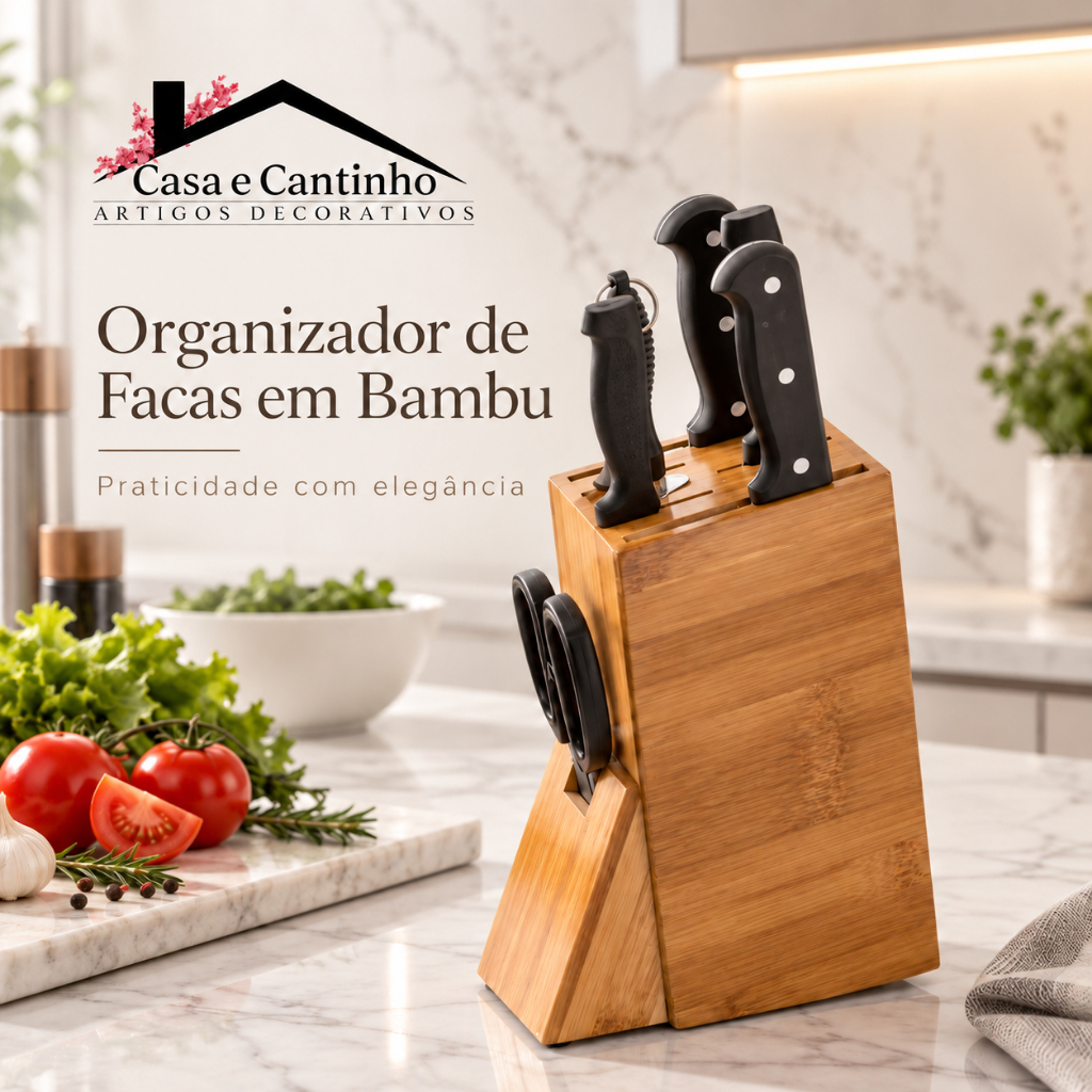 Faqueiro de Bambu Organizador de Faca Tesoura Utensílios de Cozinha de Bancada Anti Fungos
