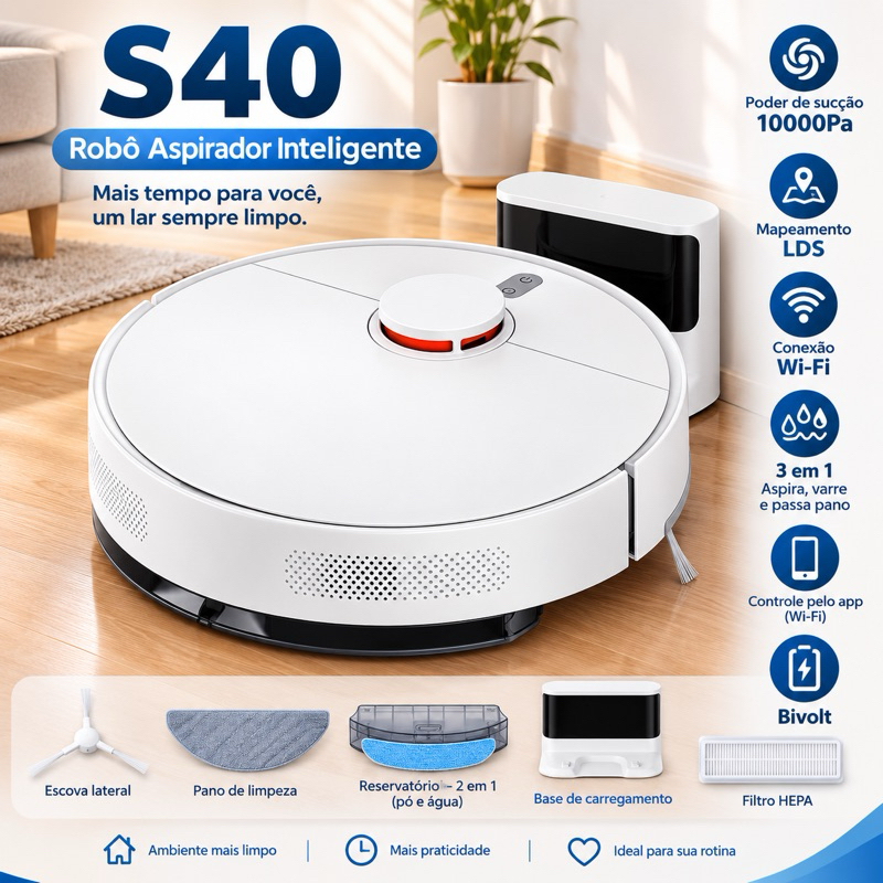 Robô Aspirador Xiaomi S40 10.000 Pa LDS 3 em 1 Wi-Fi Alexa Branco Novo Lacrado