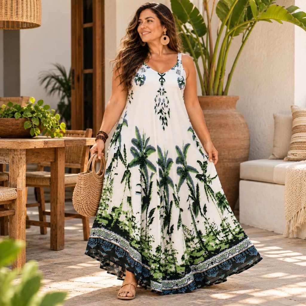 Vestido Longo Trapézio Alça Feminino Indiano com Bolso Plus Size