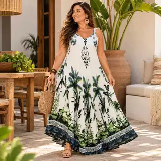Vestido Longo Trapézio Alça Feminino Indiano com Bolso Plus Size
