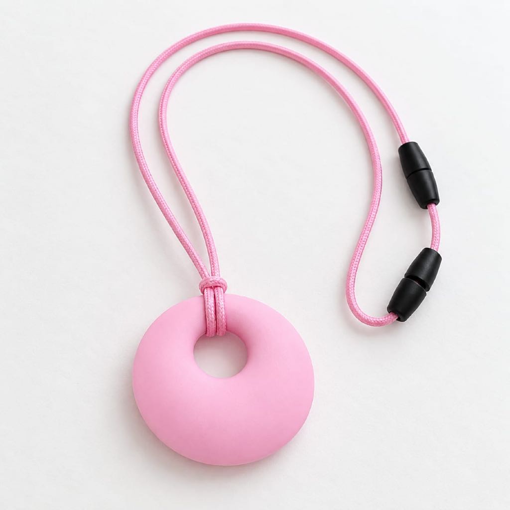 Colar Mordedor Sensorial Regulador Silicone Autismo TEA TDAH TOD Ajustável Trava Segurança Infantil Criança Rosa