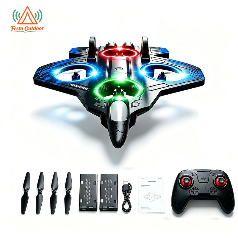 Festa Avião Drone de Combate Controle Remoto 2.4GHz RC Fighter Jet com 2 Baterias Luz LED 360 Flip One