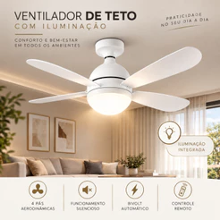 Ventilador de teto 80w Silencioso com Lâmpada 3 velocidades 5 Hélices led Regulavel 3 cores E27 Potente com controle