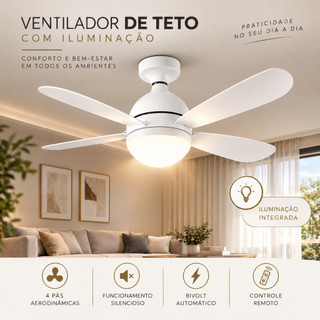 Ventilador de teto 80w Silencioso com Lâmpada 3 velocidades 5 Hélices led Regulavel 3 cores E27 Potente com controle