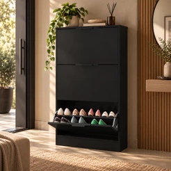 Sapateira Aurora Preto 3 Portas Basculantes Organizador Calçados Compacto Funcional Quarto Hall Entrada