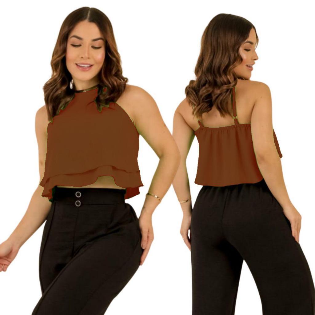 Blusa Cropped Feminina Alcinha 2 Babados Moda Verão Casual Chic Confortável Elegante Estilosa