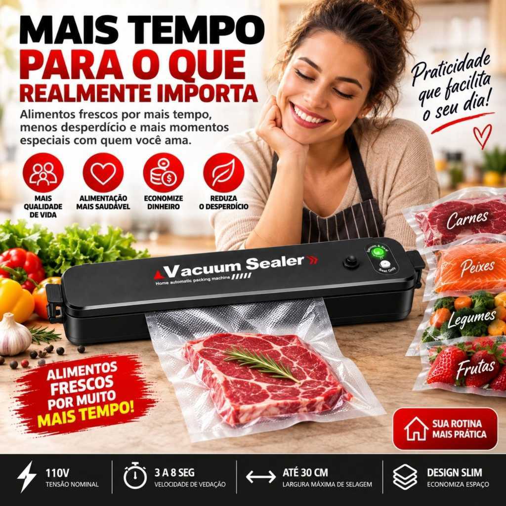Máquina Seladora a Vácuo 110V para Alimentos Automática Compacta até 30cm Carnes Frutas Legumes e Refeições