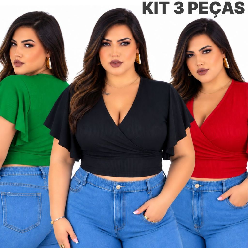 Kit 3 Cropped Plus Size Feminino Manga Flare Malha Canelada