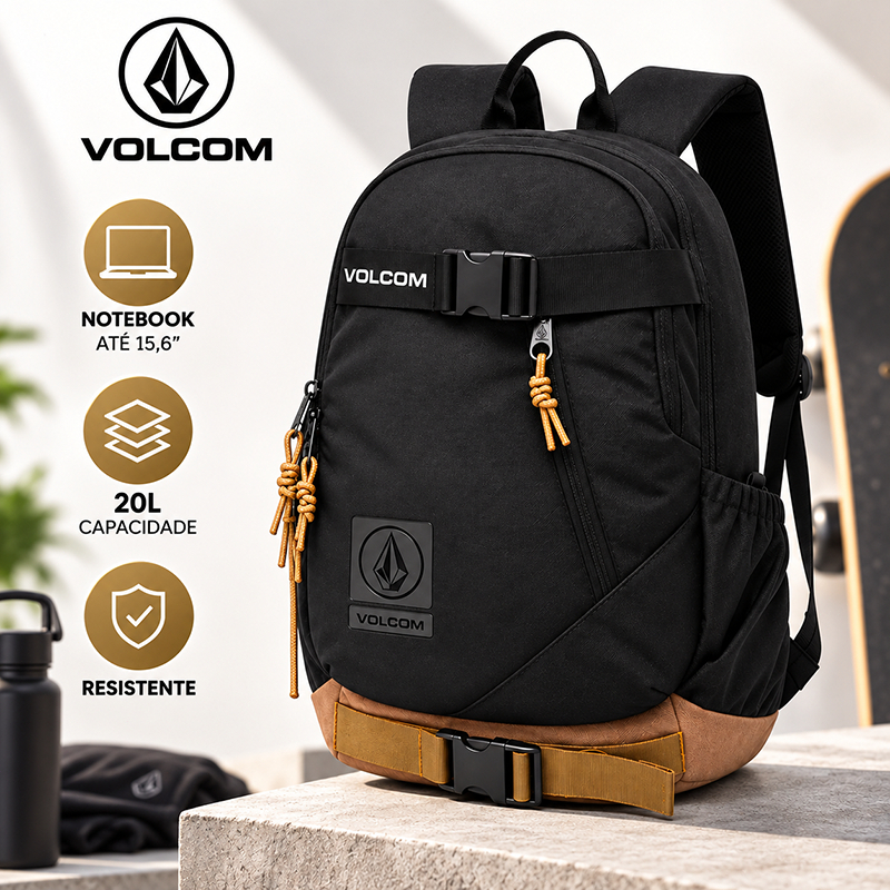 Mochila Volcom Masculina Notebook Faculdade Trabalho Escolar Reforçada 20L Preta