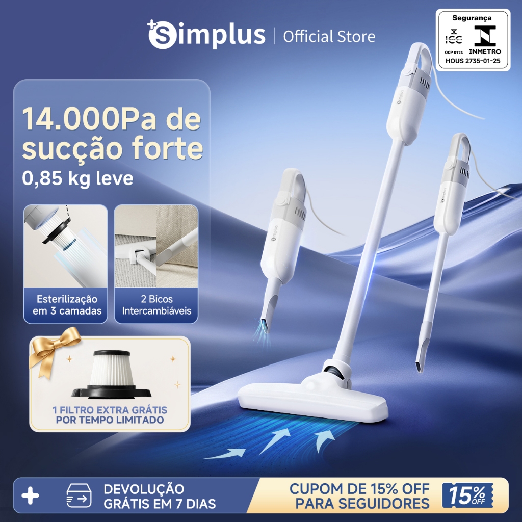Simplus Aspirador de Pó Vertical 2 em 1 14000Pa Leve 0,85kg Portátil 127V Sistema de Tripla Filtragem Esterilização