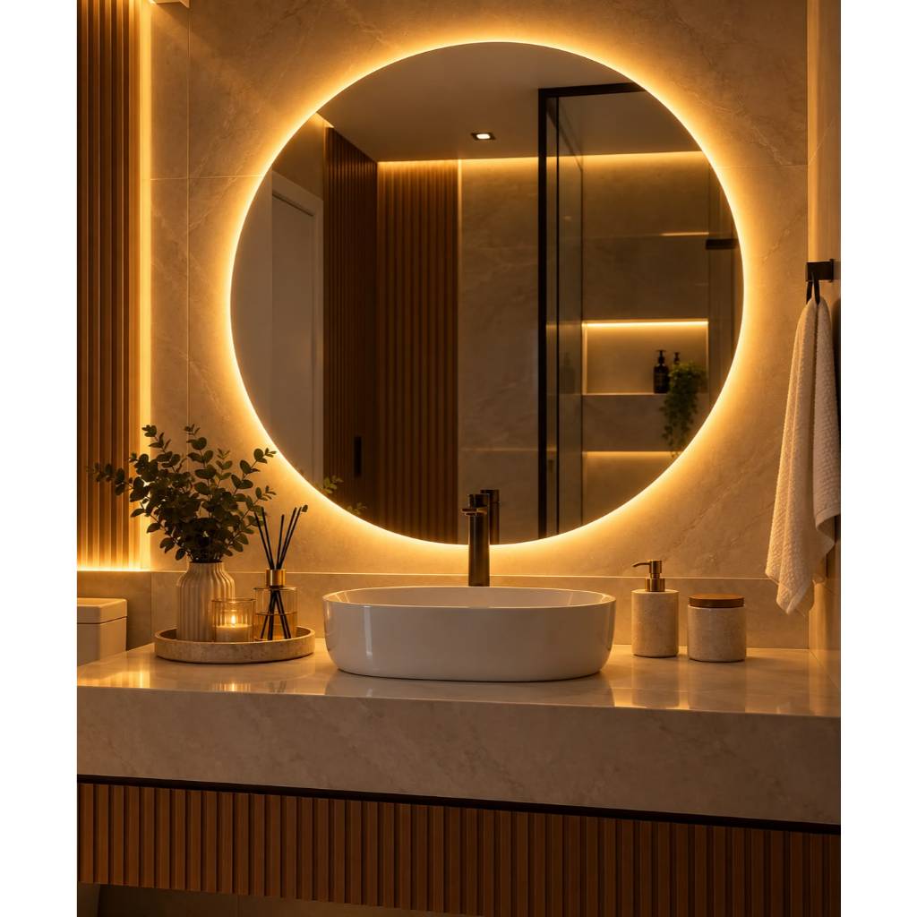 Espelho Redondo com Led Luz Círculo de Fogo Lapidado Médio/Grande Decorativo Tendência Barbearia